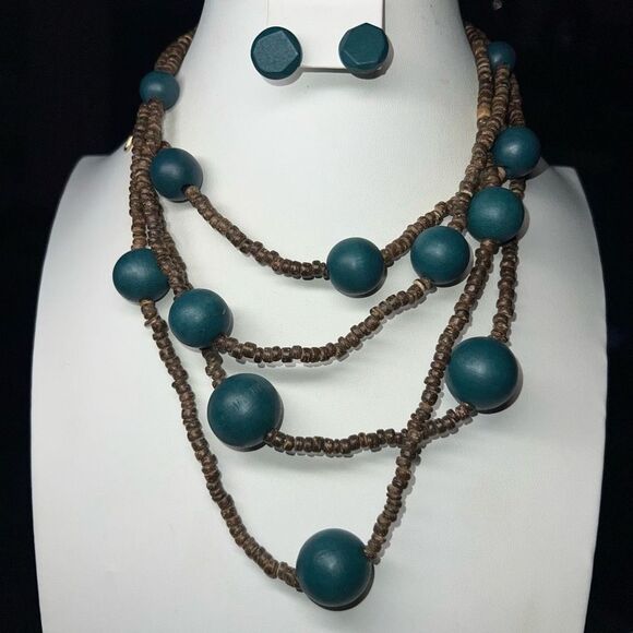 Plunder Wood Bead Necklace and Earring Set - Picture 1 of 7